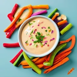 Bowl of creamy cheese dip surrounded by colorful veggie sticks