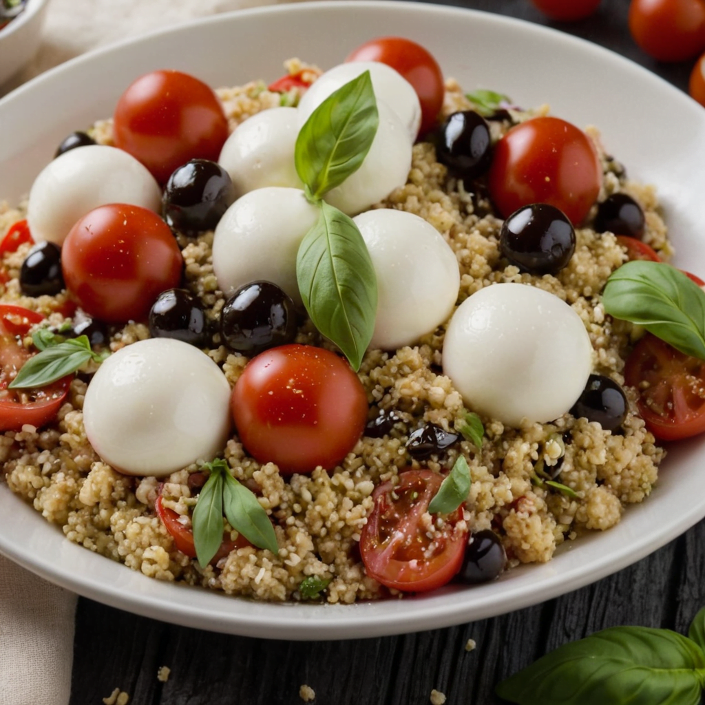 Caprese quinoa salad with cooked quinoa, cherry tomatoes