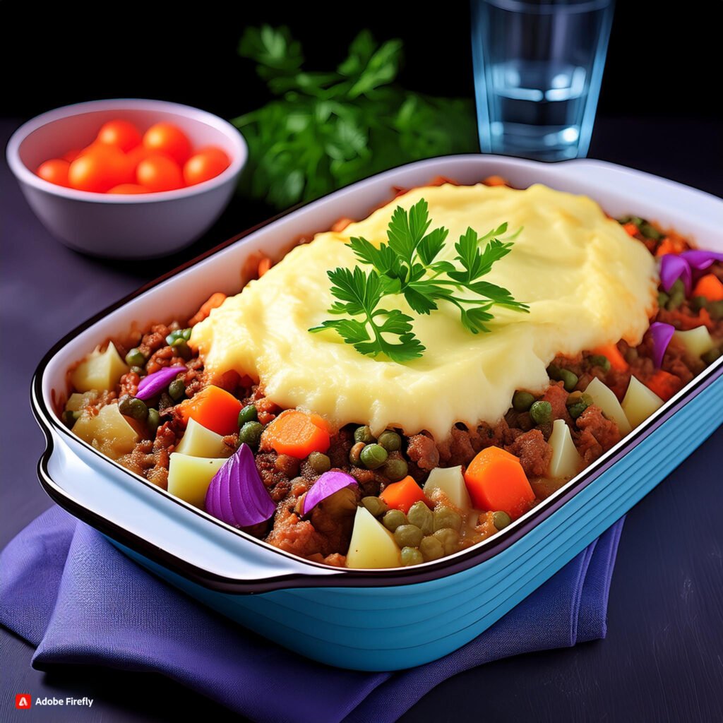 Firefly A baking dish filled with vegetable shepherd's pie, topped with mashed potatoes and baked un