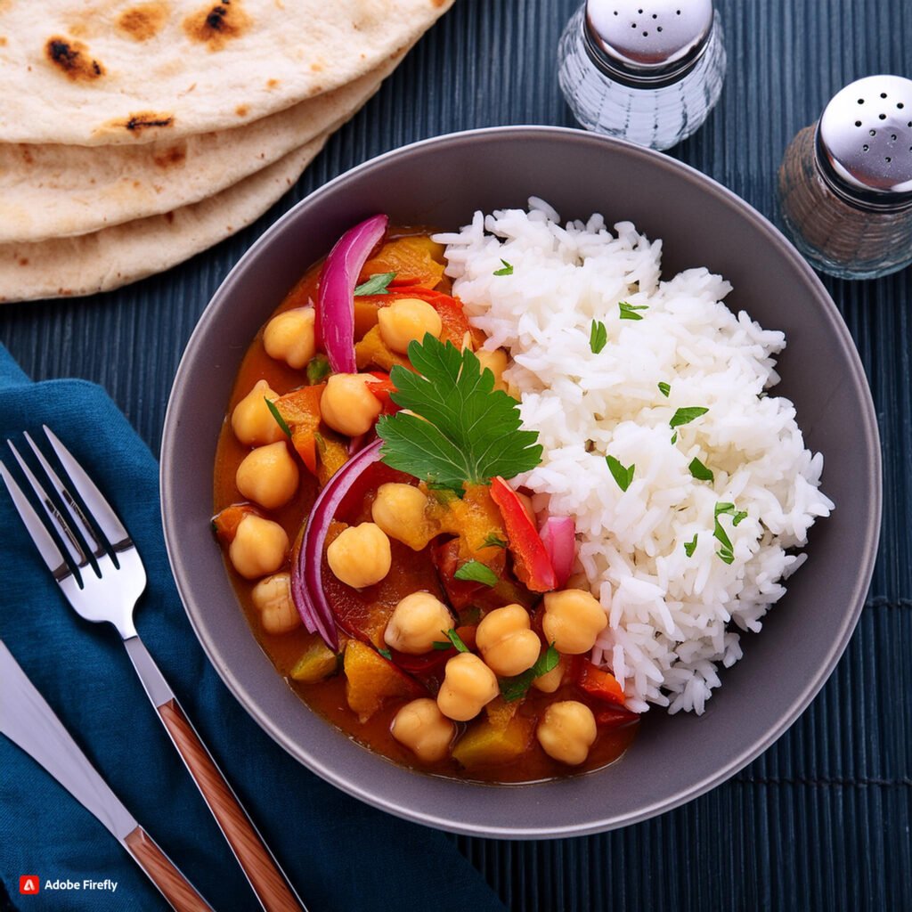 Firefly A bowl of chickpea and vegetable curry served with rice and naan bread 48993