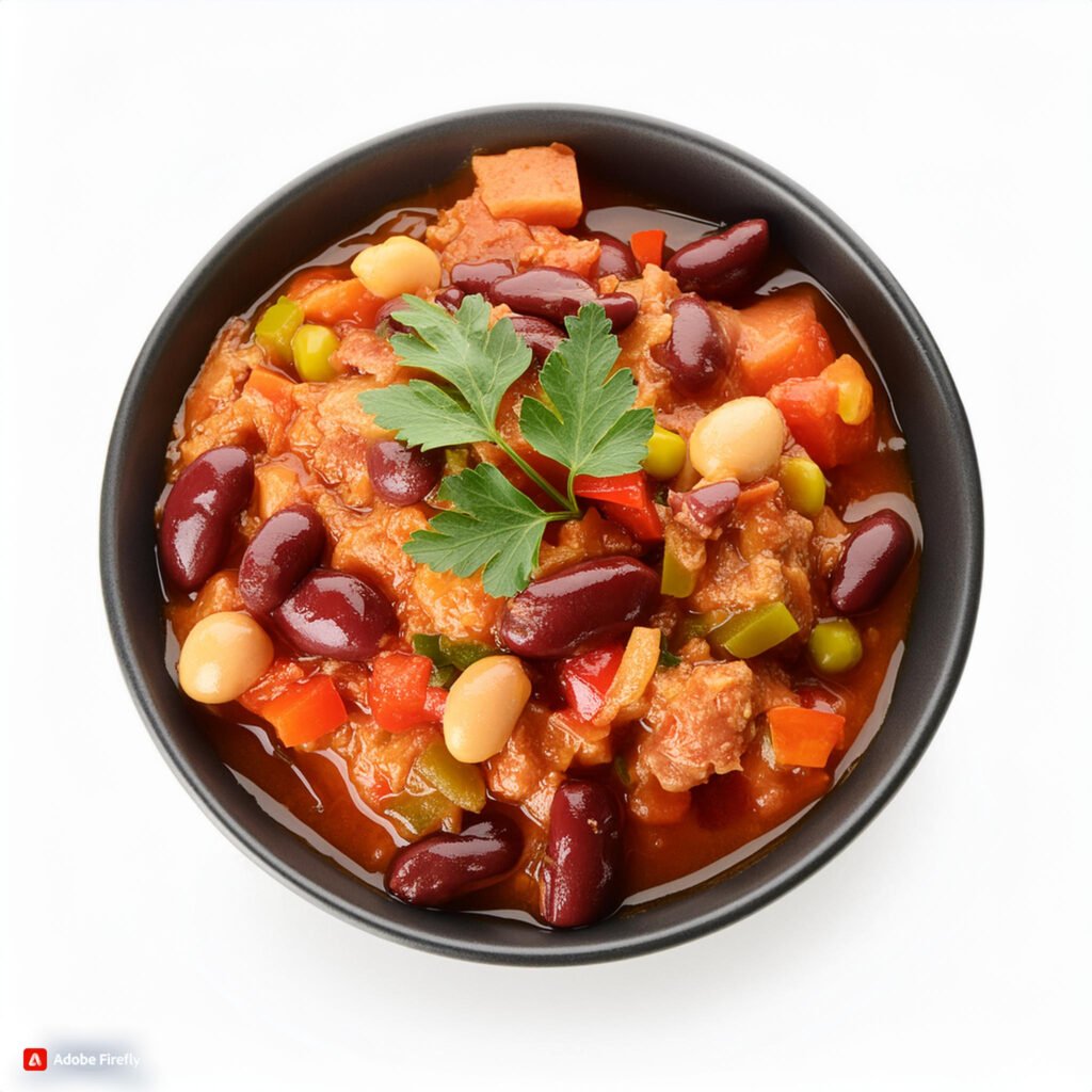 Firefly A bowl of turkey and vegetable chili with beans and tomatoes 97182