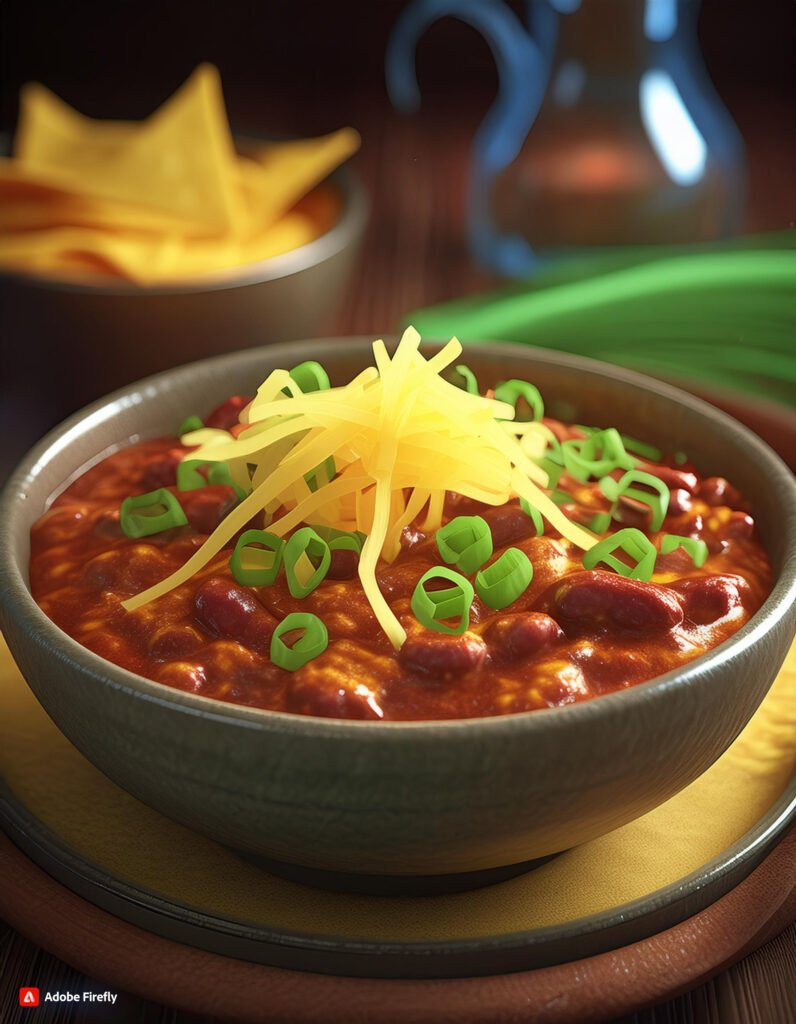 Firefly A bowl of turkey chili topped with shredded cheese and green onions 87517