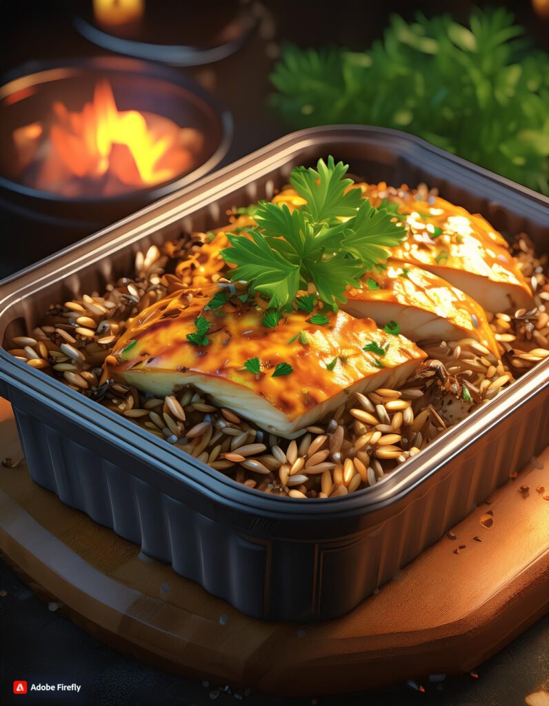 Firefly A container with baked chicken and wild rice casserole topped with fresh parsley 12860