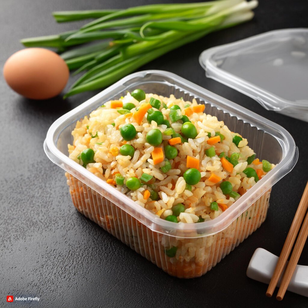 Firefly A container with homemade egg fried rice with peas, carrots, and green onions 97182