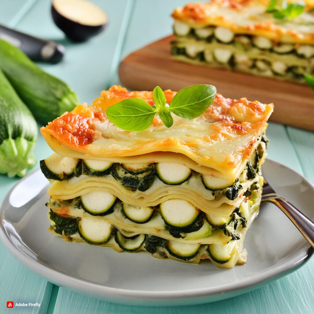 Firefly A slice of vegetable lasagna with layers of spinach, zucchini, and ricotta cheese 77119