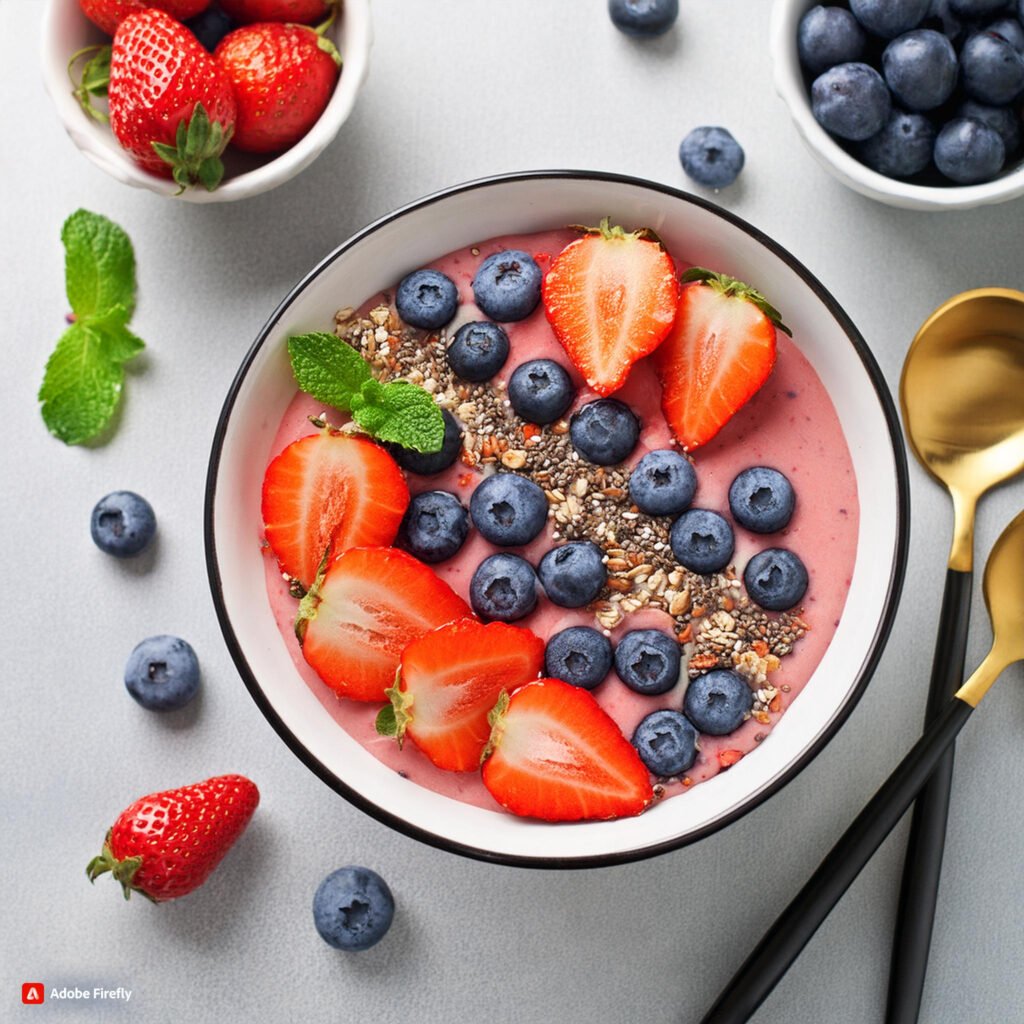 Firefly Berry blast smoothie bowl topped with strawberries, blueberries, granola, and chia seeds. 46