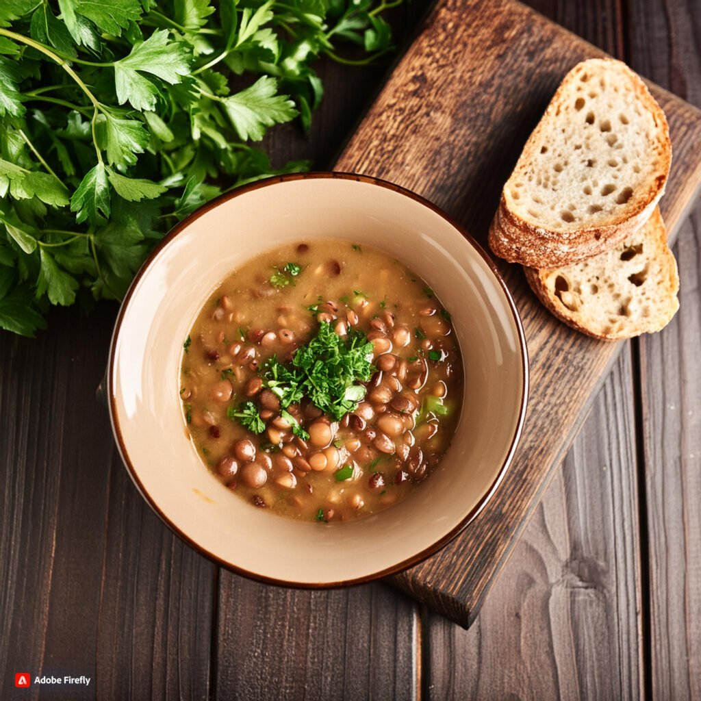 Firefly Bowl filled with hearty lentil soup surrounded by fresh herbs and crusty bread 67060