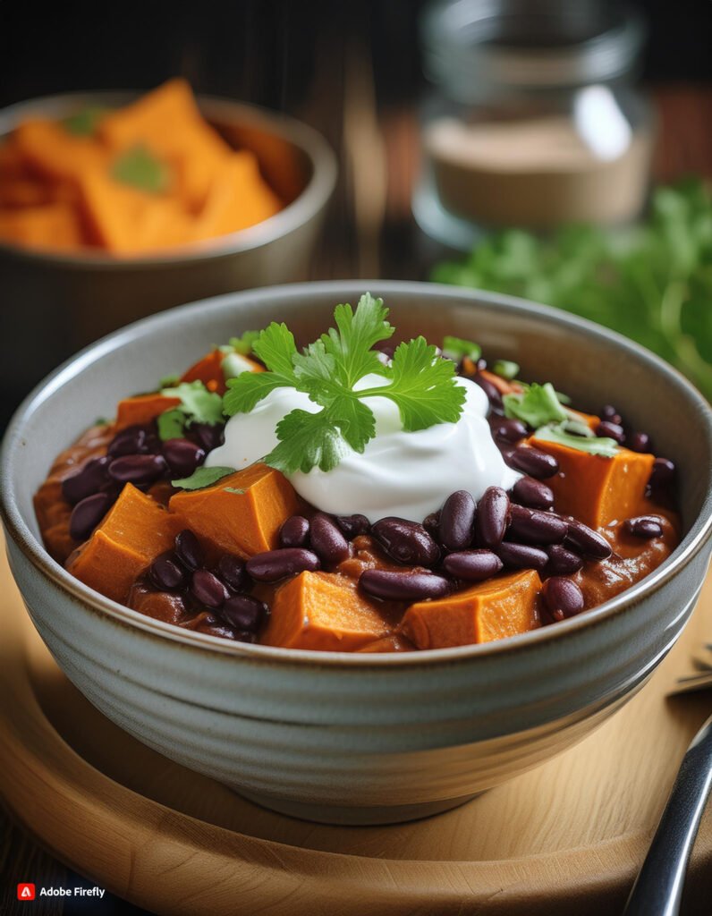 Firefly Bowl of hearty sweet potato and black bean chili topped with cilantro and sour cream. 87517