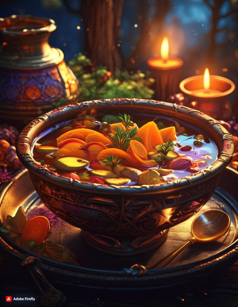 Firefly Bowl of hearty vegetable soup filled with roasted root vegetables 12860