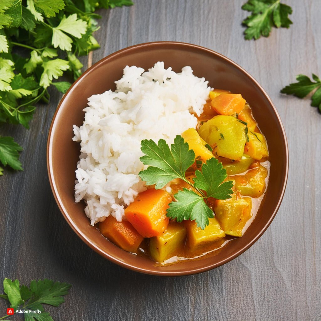 Firefly Bowl of vegetable curry served with fluffy coconut rice and fresh cilantro 67060