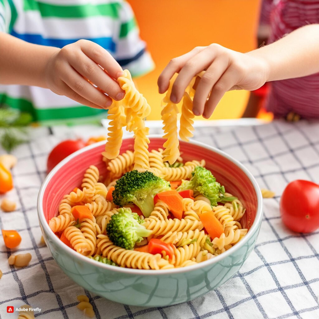 Firefly Children tossing cooked pasta with vegetables and dressing in a bowl 38125