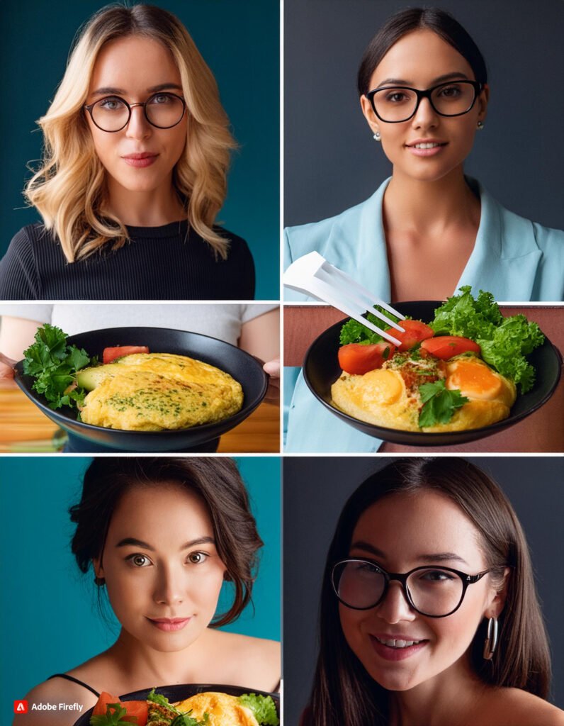 Firefly Collage of happy individuals enjoying various vegetable-packed omelets 88910