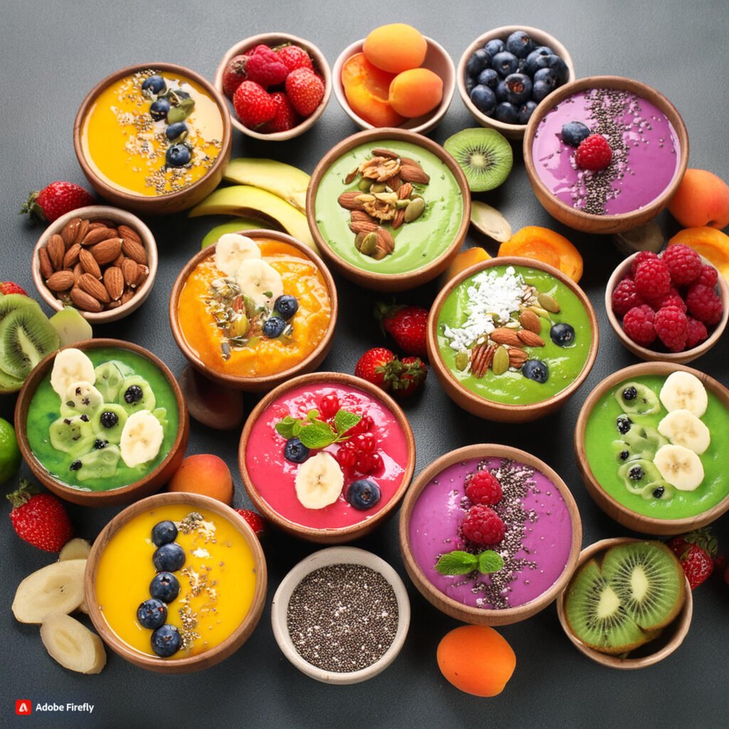 Firefly Colorful assortment of smoothie bowls topped with fruits, nuts, and seeds 97182