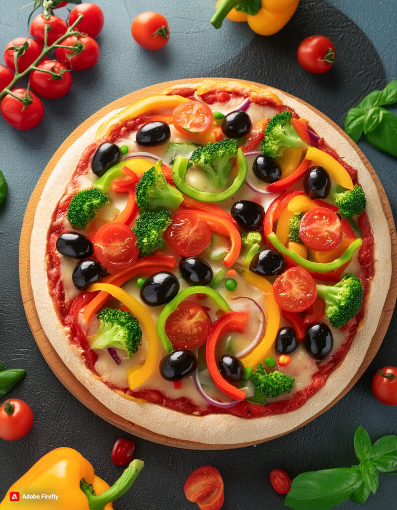 Firefly Homemade pizza topped with a variety of colorful vegetables like bell peppers, olives, and c