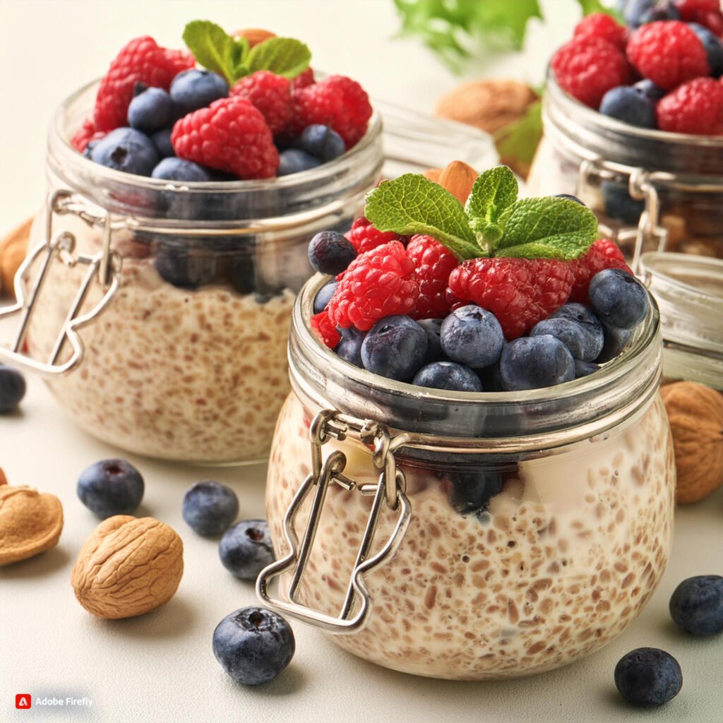 Firefly Jars of overnight oats topped with fresh berries and nuts 46897