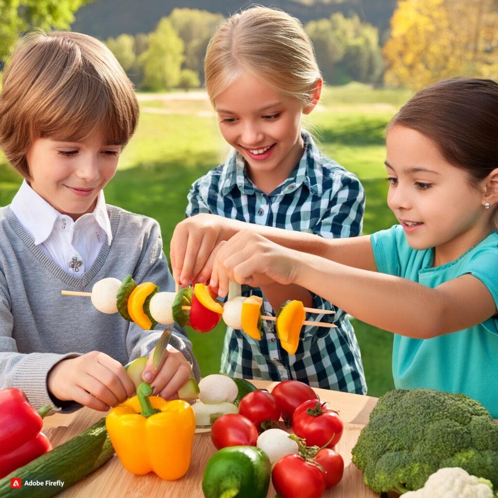 Firefly Kids threading vegetables onto skewers to make veggie kebabs 80745