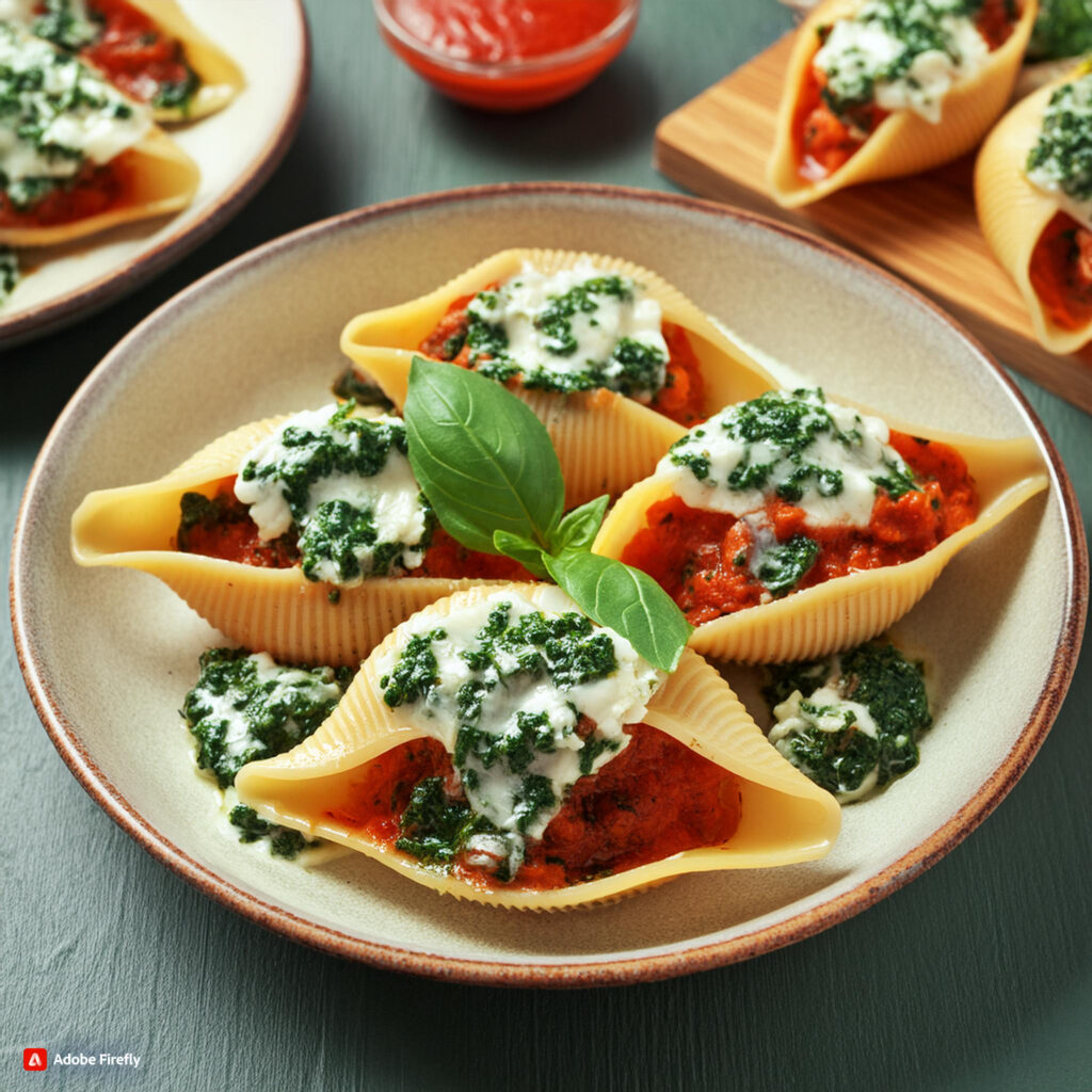 Firefly - Large pasta shells stuffed with a creamy spinach and ricotta filling, topped with marinara