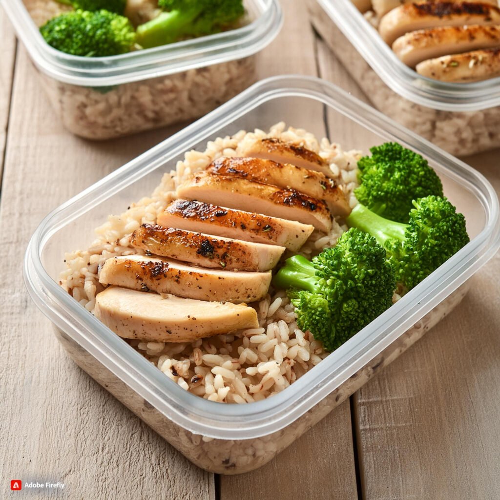 Firefly Meal prep containers with grilled chicken, brown rice, and steamed broccoli 46897