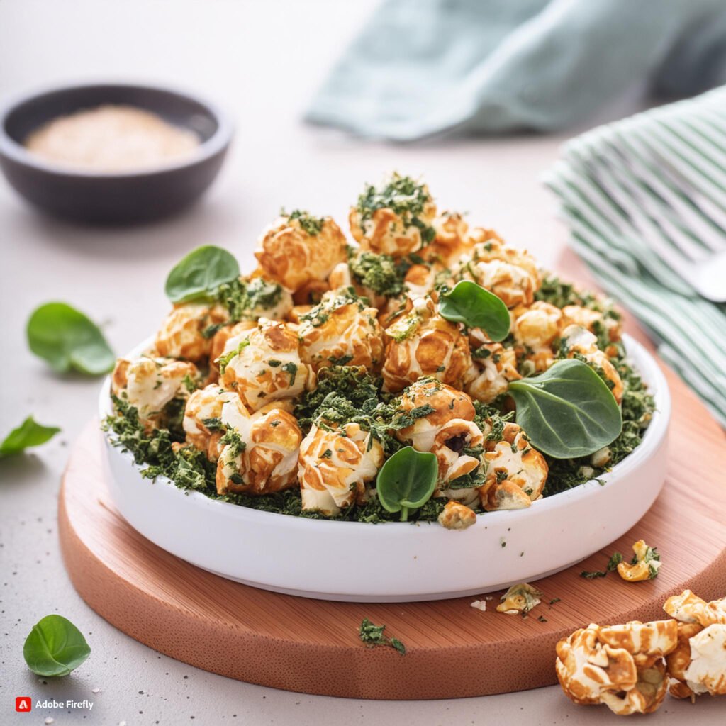 Firefly Popcorn seasoned with dried spinach flakes, dried herbs, and a sprinkle of nutritional yeast