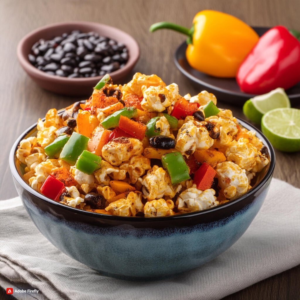 Firefly Popcorn seasoned with taco spices and mixed with diced bell peppers and black beans. 69644