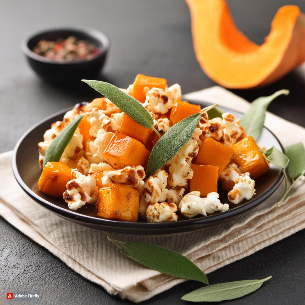 Firefly Popcorn tossed with roasted butternut squash cubes and fresh sage leaves 69644