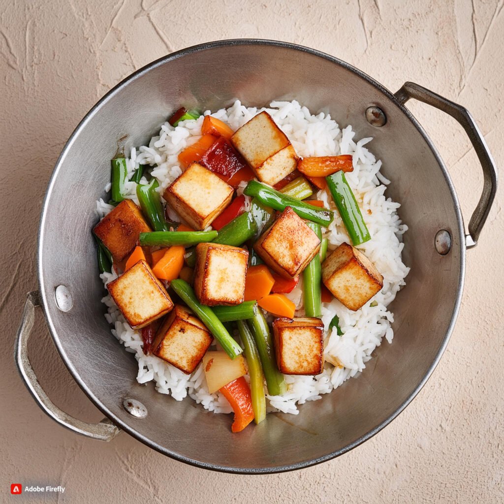 Firefly Wok filled with colorful stir-fried vegetables and crispy tofu, served over rice 40302