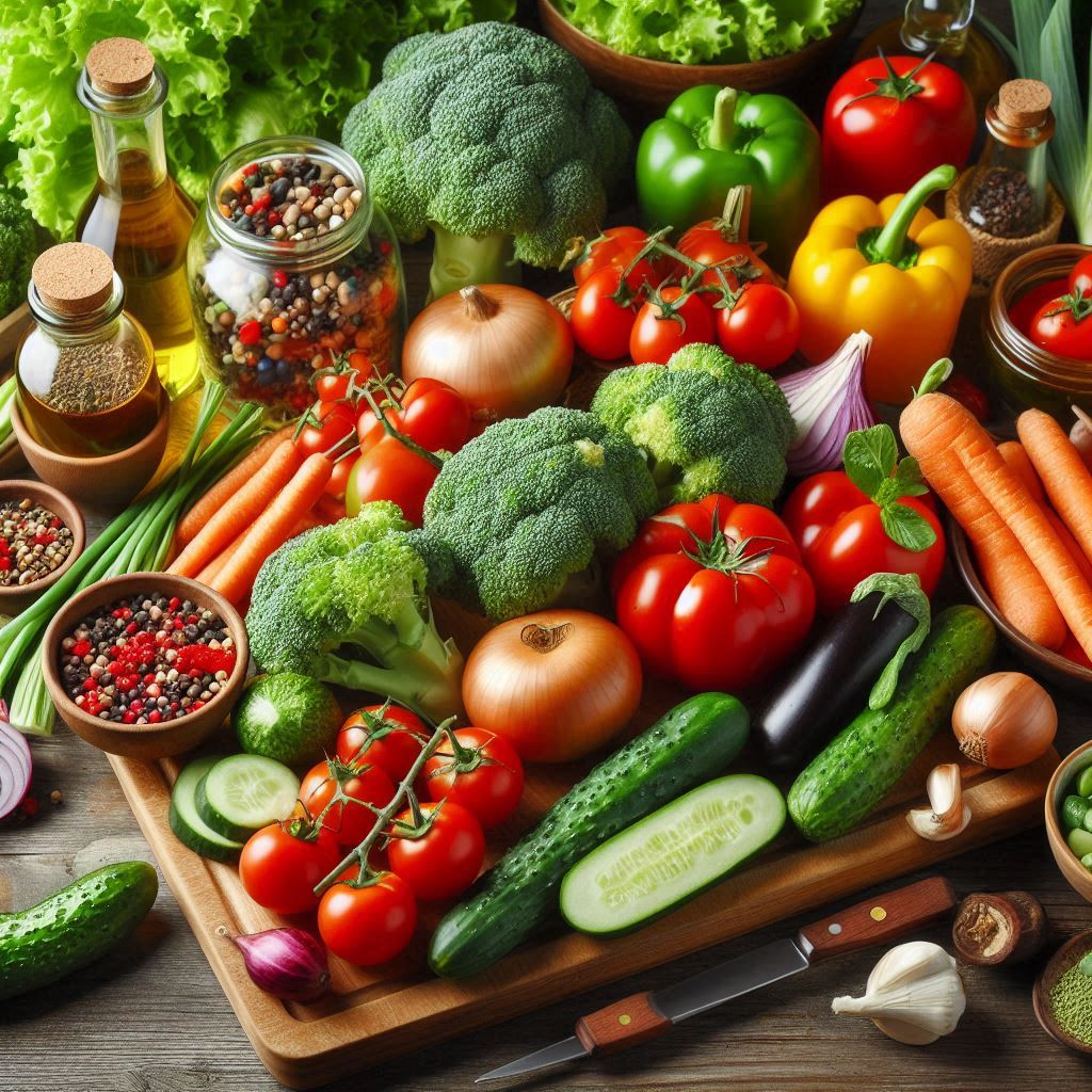 Fresh vegetables and ingredients for making veggie salads