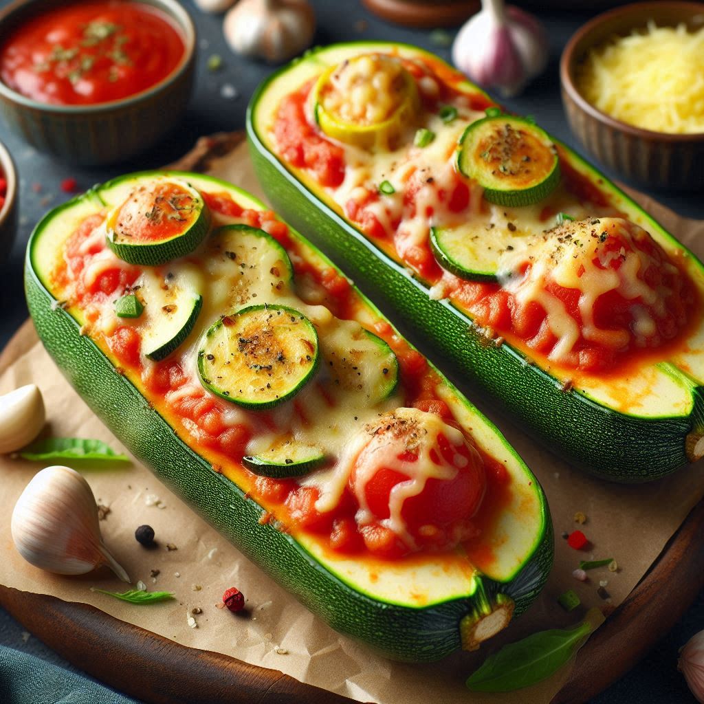 Halved zucchinis filled with pizza sauce, cheese, and toppings