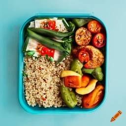 Meal prep containers filled with quinoa, roasted vegetables, and a drizzle of tahini sauce