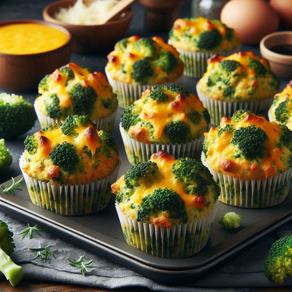 Savory broccoli and cheese muffins arranged on a baking tray