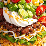 Taco salad bowl with mixed greens, black beans, corn, avocado, tomatoes, shredded cheese, tortilla strips, and creamy cilantro lime dressing