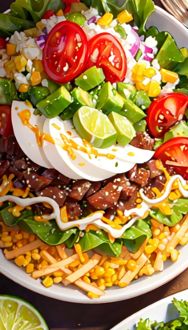 Taco salad bowl with mixed greens, black beans, corn, avocado, tomatoes, shredded cheese, tortilla strips, and creamy cilantro lime dressing