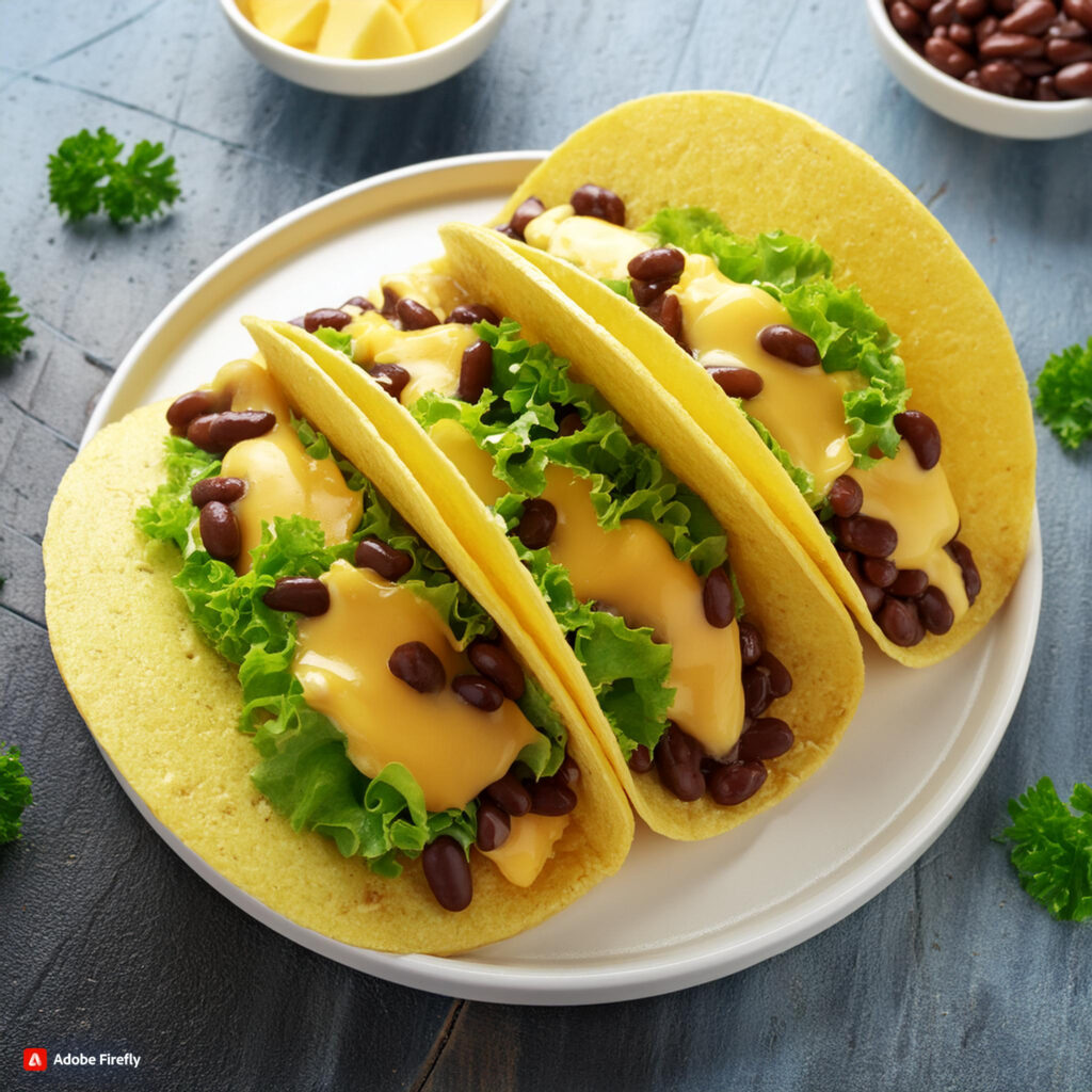 Firefly Bean tacos topped with melted cheese and lettuce 94626