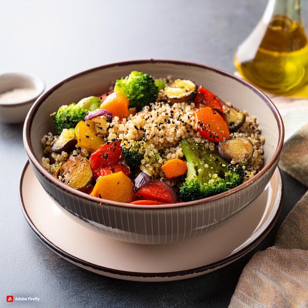 Firefly Bowl filled with cooked quinoa, roasted vegetables, and a drizzle of olive oil 45654