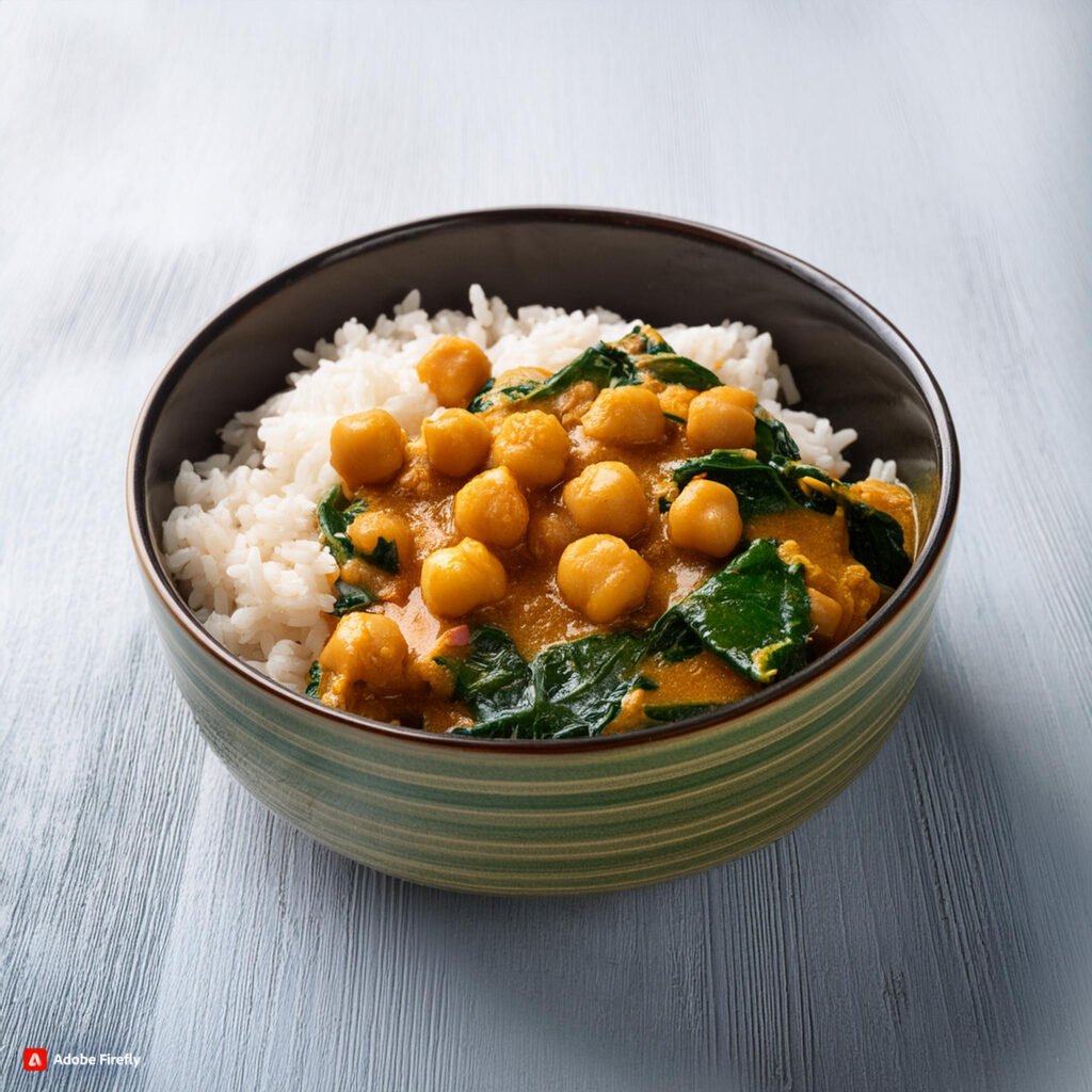 Firefly Bowl of chickpea and spinach curry served with brown rice 64878