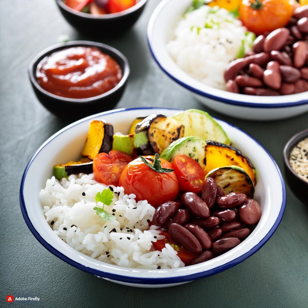 Firefly Bowls filled with rice, beans, grilled vegetables, and salsa 94626