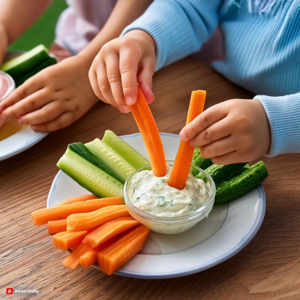 Firefly Children dipping vegetable sticks into homemade dip. 54638