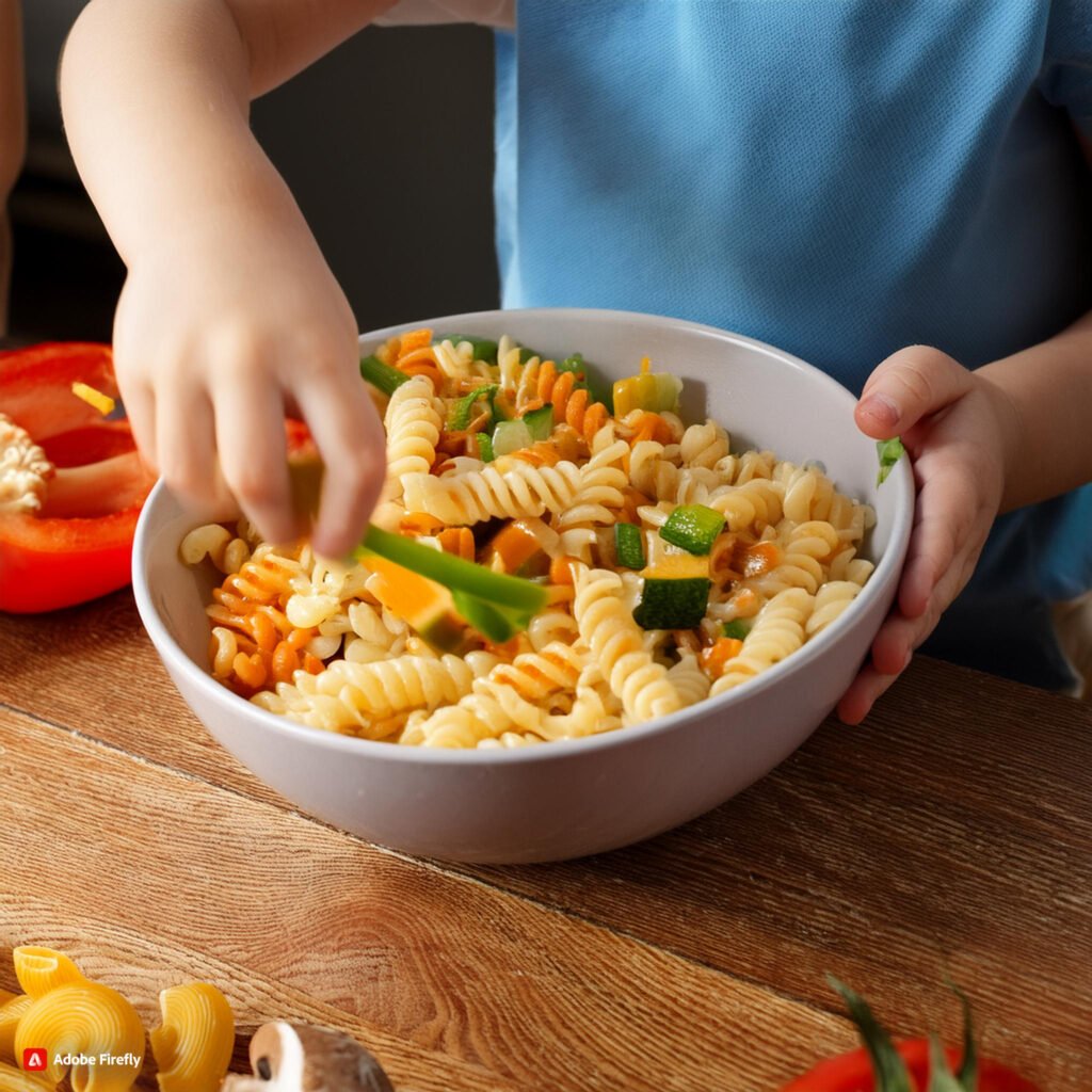 Firefly Children tossing cooked pasta with vegetables and dressing in a bowl. 37168