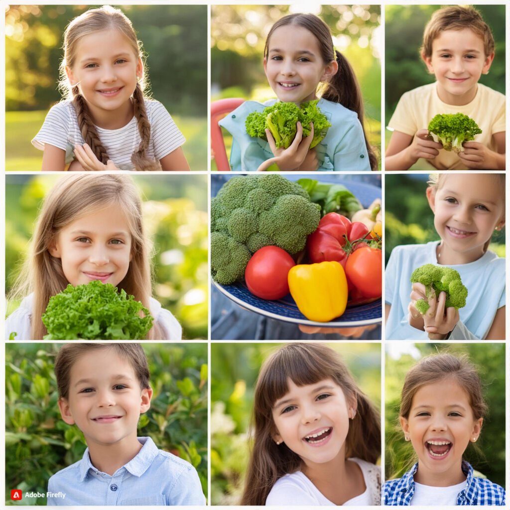 Firefly Collage of happy children enjoying various veggie skewers 79316