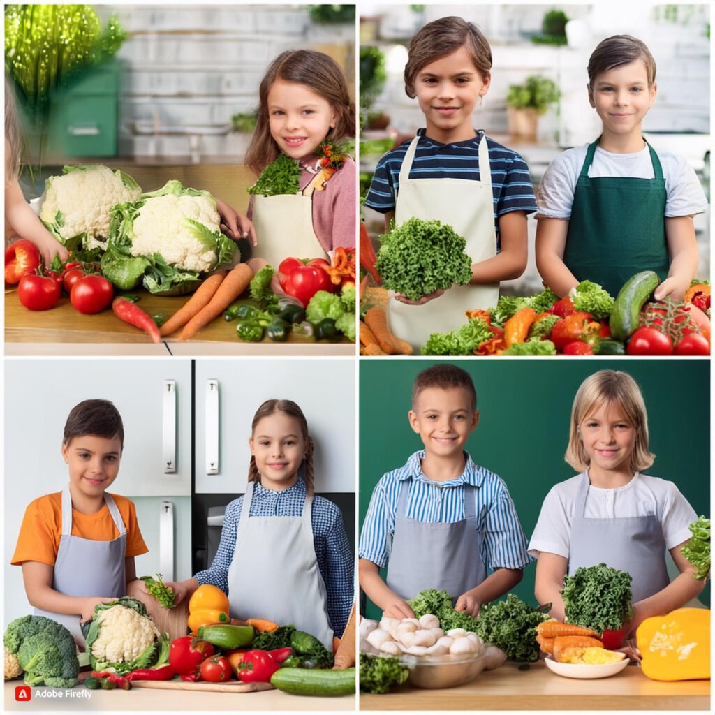 Firefly Collage of happy, proud children showcasing their veggie cooking creations 54638