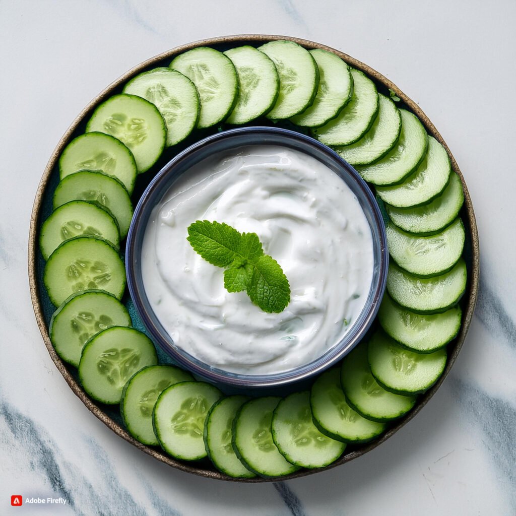 Firefly Cucumber slices arranged around a bowl of tzatziki sauce 20673