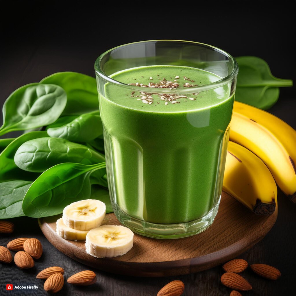 Firefly Glass of green smoothie made with bananas, spinach, and almond milk 64878