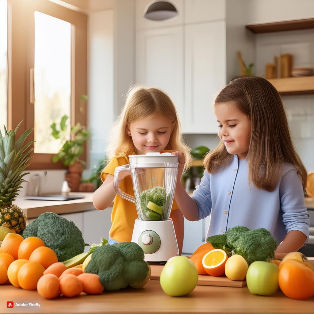 Firefly Kids blending vegetables and fruits to make vibrant smoothies 37168