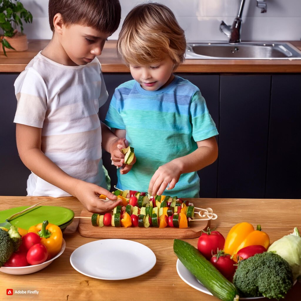 Firefly Kids threading vegetables onto skewers to make veggie kebabs 48250