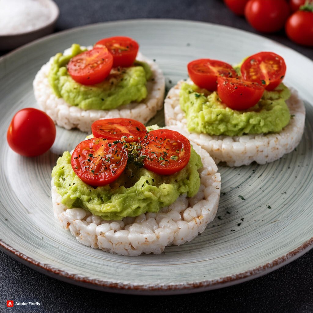 Firefly - Rice cakes topped with mashed avocado and cherry tomato halves, sprinkled with salt and pe