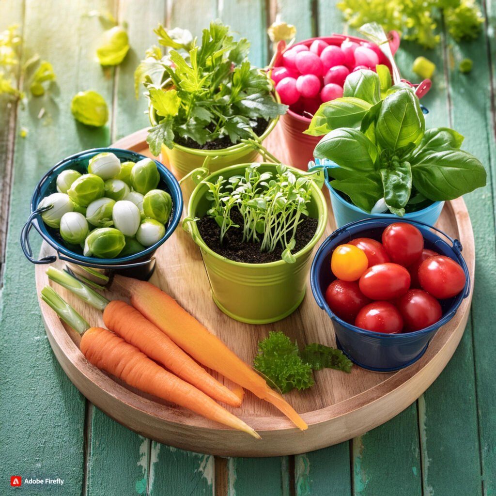 Firefly Skewers with a variety of vegetables like cherry tomatoes, snap peas, baby carrots, and radi