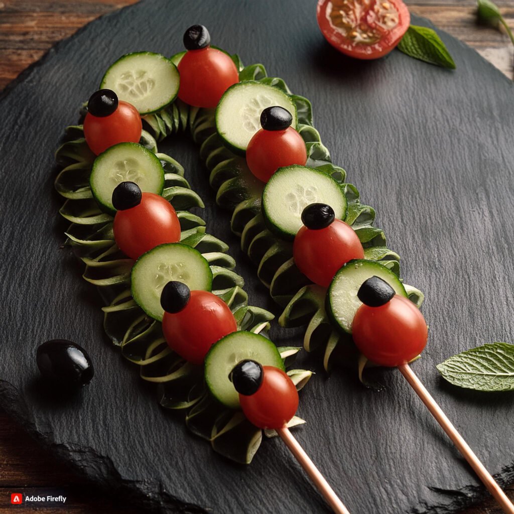 Firefly Skewers with cherry tomatoes and cucumber slices arranged to resemble a caterpillar, with ol