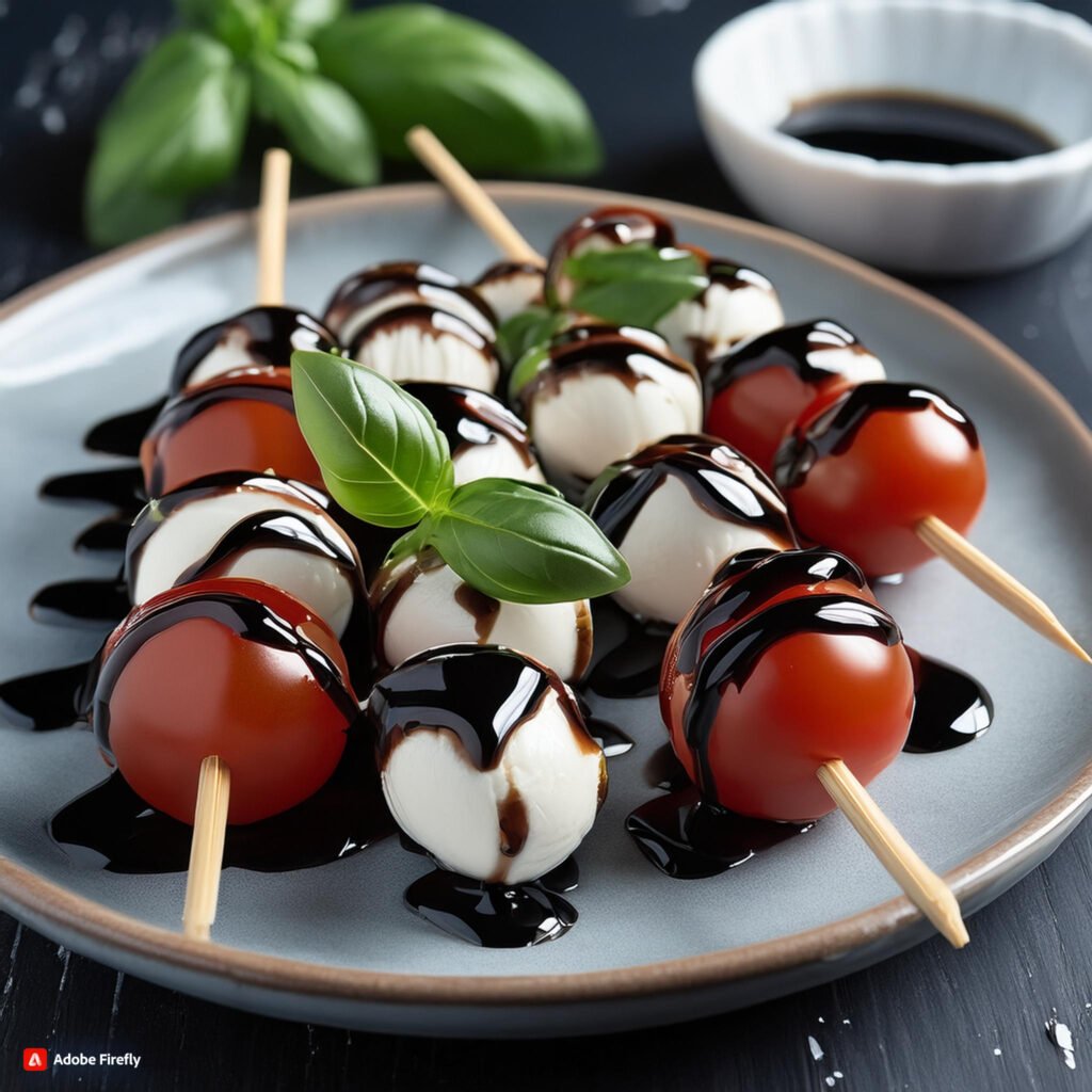 Firefly Skewers with cherry tomatoes, mini mozzarella balls, and basil leaves drizzled with balsamic