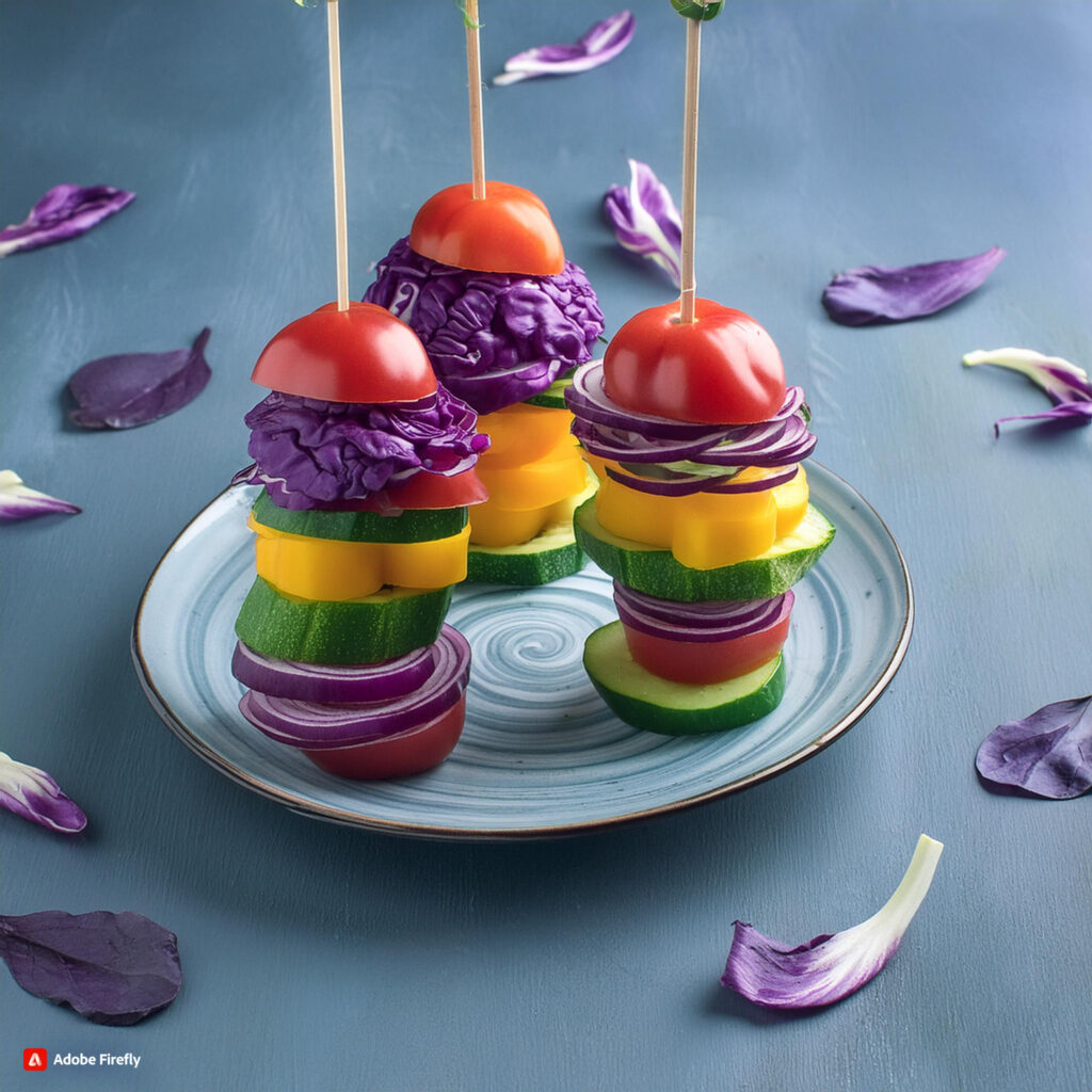 Firefly Skewers with layers of colorful bell peppers, cherry tomatoes, cucumber slices, and purple c