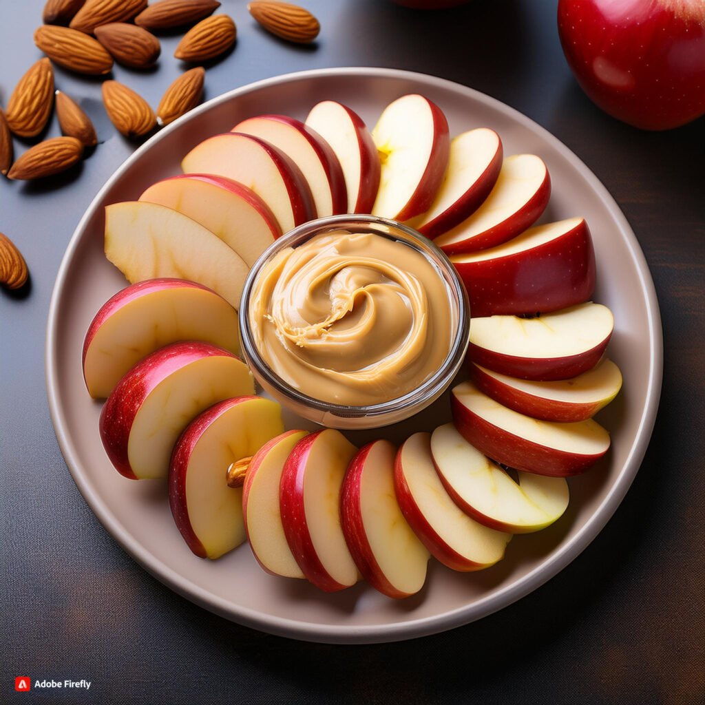 Firefly Sliced apple arranged on a plate with a dollop of almond butter for dipping 45654